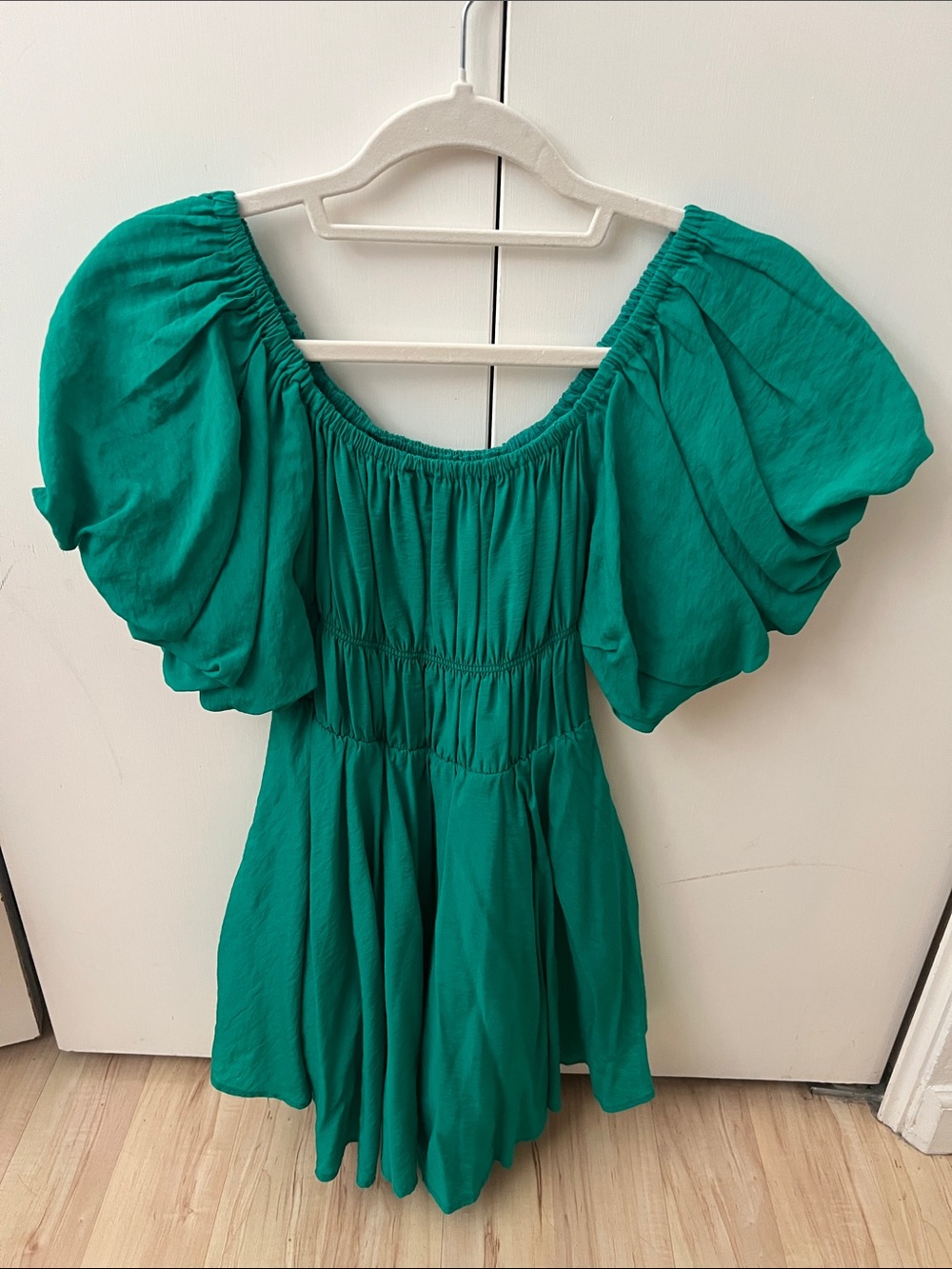 Hello Molly Emerald Green Puff-Sleeve Mini Dress
